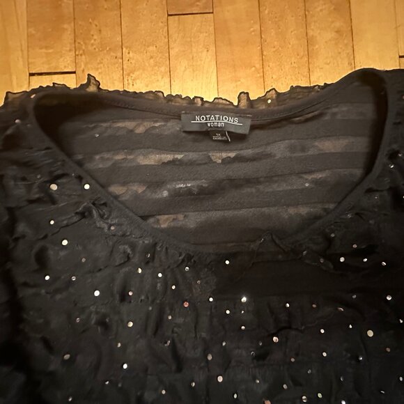 NWT. Notations brand, Black, Sparkly Sequins Top 3/4 sleeves and Ruffles - Picture 2 of 9